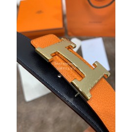 Hermes Litchi Grain Togo Leather Pure Steel Buckle 32mm Belt Orange