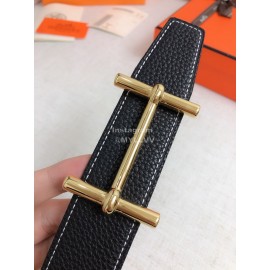 Hermes Black Togo Litchi Grain Leather Gold Buckle 38mm Belt 