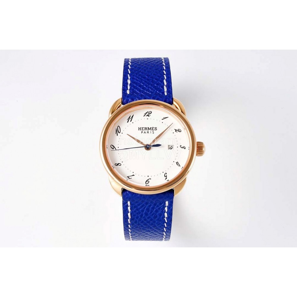 Hermes Arceau 316 Refined Steel Case Leather Strap Watch Blue