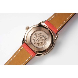 Hermes Arceau 34mm Round Dial Leather Strap Diamond Watch Orange Red