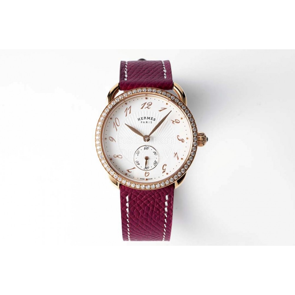 Hermes Arceau 34mm Round Dial Leather Strap Diamond Watch Wine Red