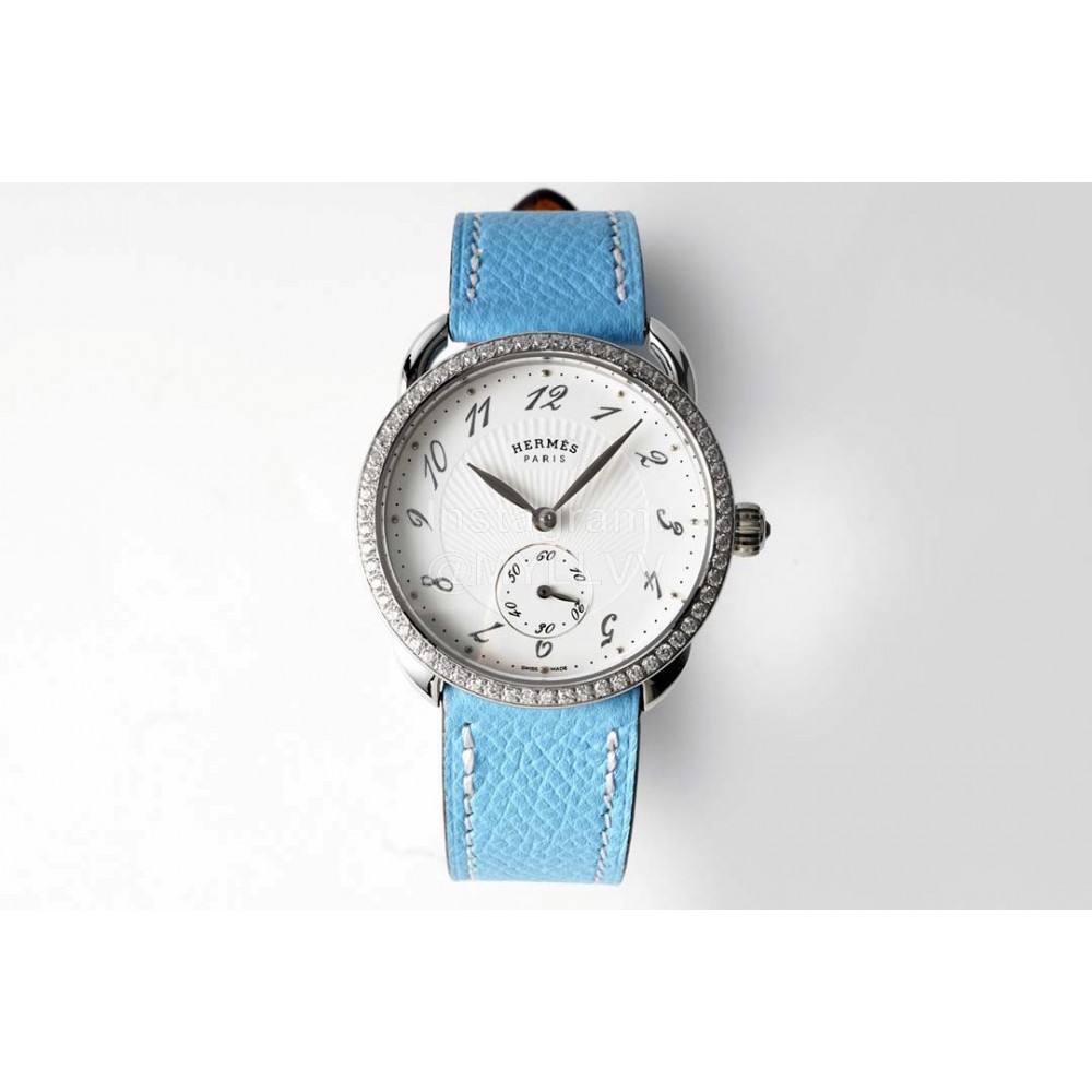 Hermes Arceau 34mm Round Dial Blue Leather Strap Diamond Watch