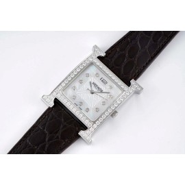 Hermes Bv Factory 316 Refined Steel Black Leather Strap Diamond Watch