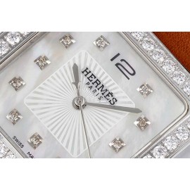 Hermes Bv Factory 316 Refined Steel Brown Leather Strap Diamond Watch 