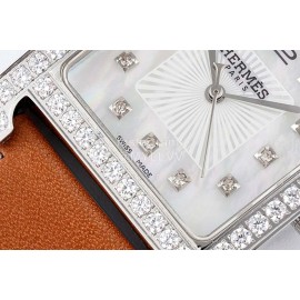 Hermes Bv Factory 316 Refined Steel Brown Leather Strap Diamond Watch 