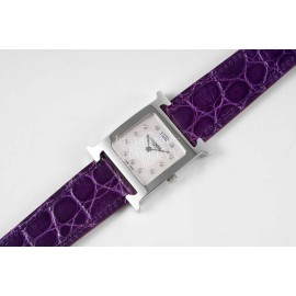 Hermes Bv Factory Heure H Purple Leather Strap Watch