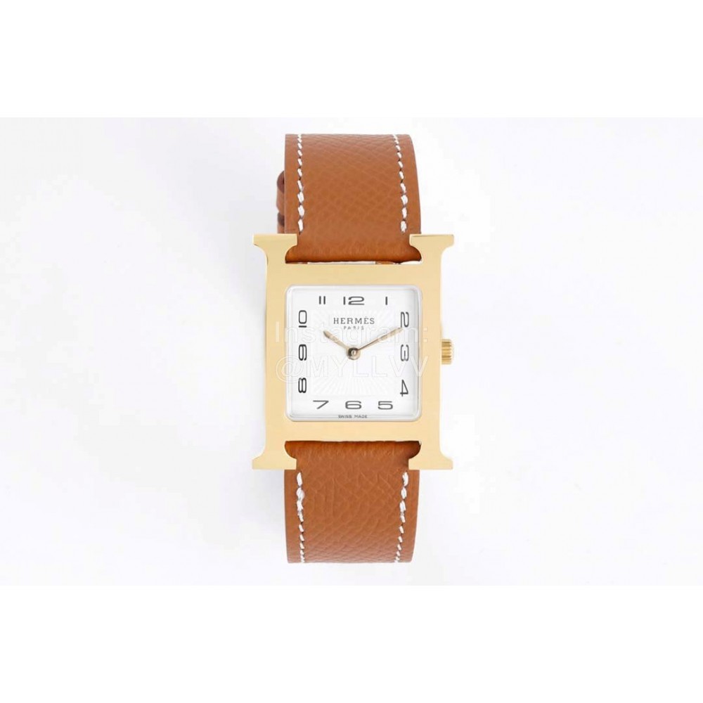 Hermes Bv Factory Heure H Leather Strap Square Dial Watch Brown