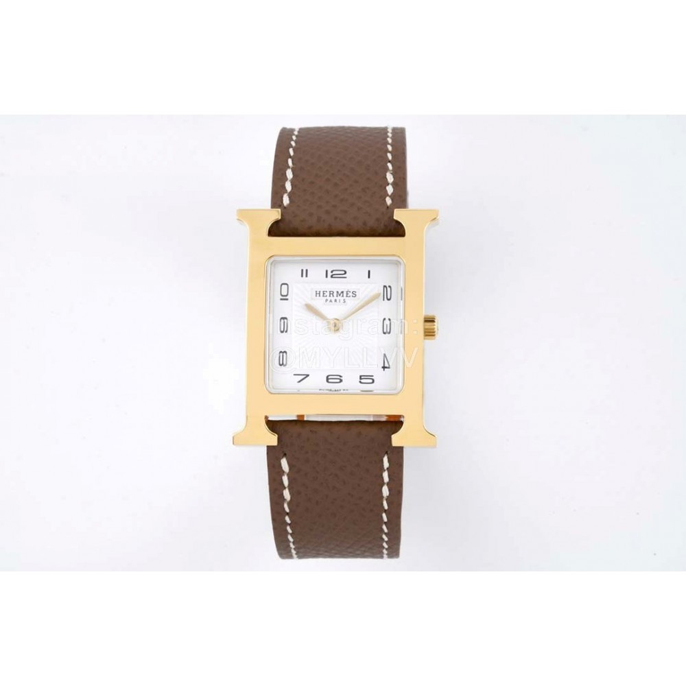 Hermes Bv Factory Heure H Leather Strap Square Dial Watch Coffee