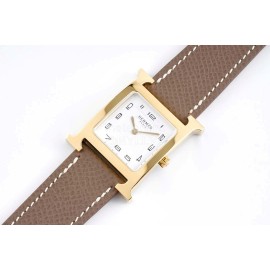 Hermes Bv Factory Heure H Leather Strap Square Dial Watch Coffee