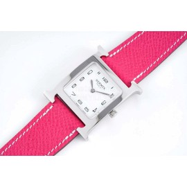 Hermes Bv Factory Heure H Leather Strap Square Dial Watch Rose Red