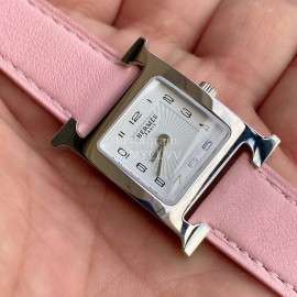 Hermes 316l Refined Steel Barenia Leather Strap Watch Pink