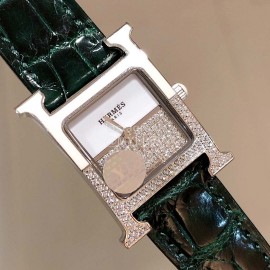 Hermes 316l Fine Steel Case Strap Square Dial Watch Green