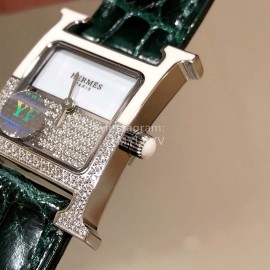 Hermes 316l Fine Steel Case Strap Square Dial Watch Green