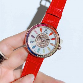 Jacob Co Leather Strap Colourful Diamonds Watch Red