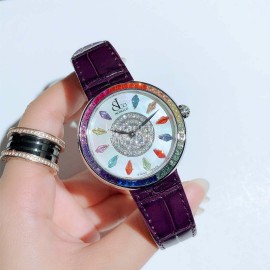 Jacob Co Leather Strap Colourful Diamonds Watch Purple