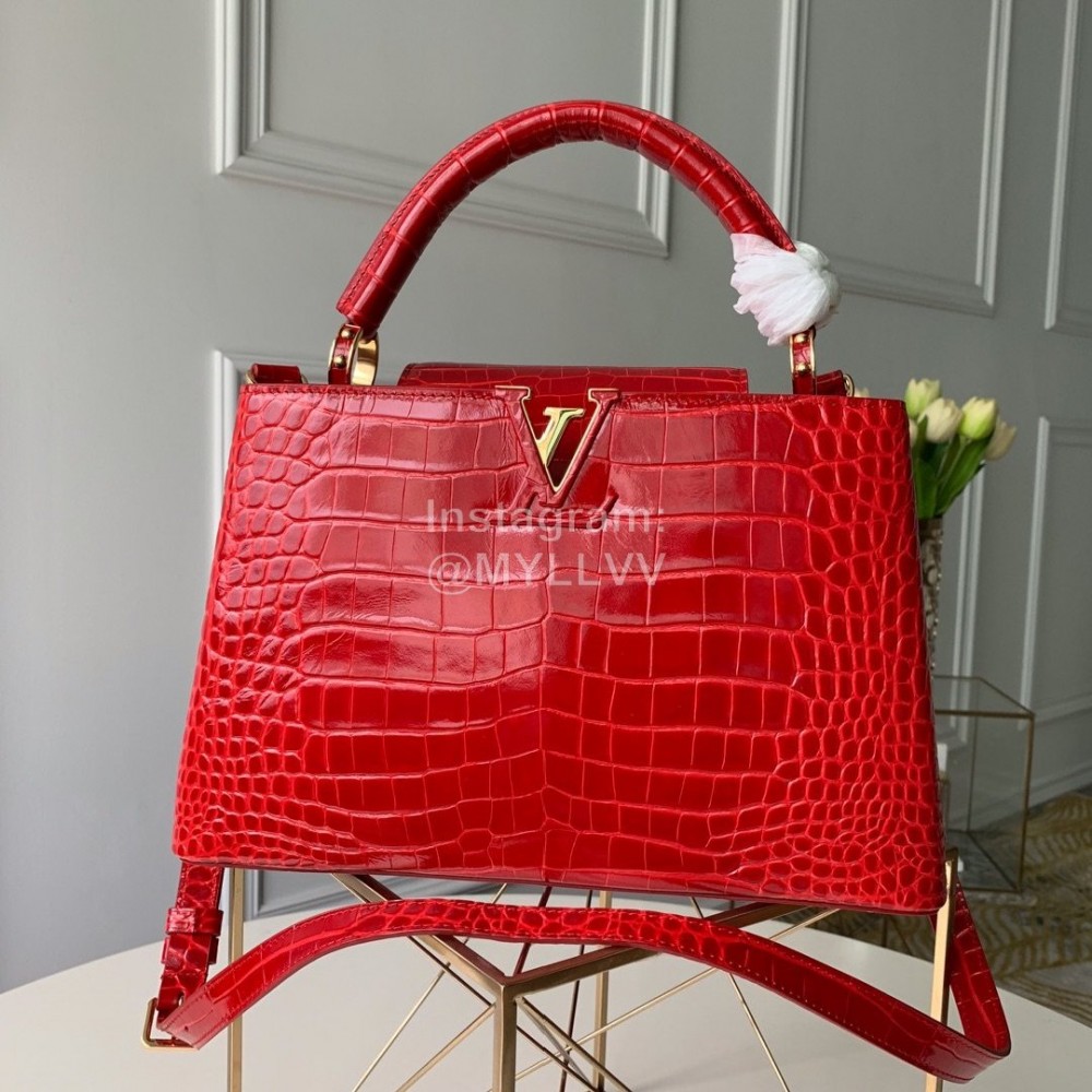 Louis Vuitton Capucines Handbag Crocodile Pattern Goatskin Handbag Red Large M91698