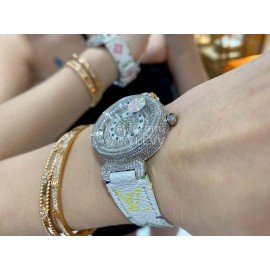 Louis Vuitton 316l Fine Steel Case SiLouis Vuittoner Diamond Dial White Strap Watch
