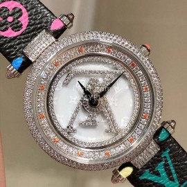 Louis Vuitton 316l Fine Steel Case Diamond Leather Strap Watch For Women 
