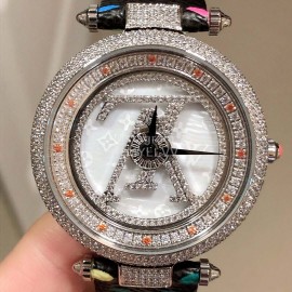 Louis Vuitton 316l Fine Steel Case Diamond Leather Strap Watch For Women 
