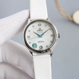Omega 32.7mm Dial Leather Strap Watch White