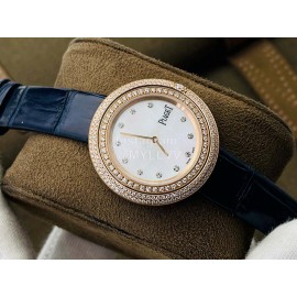 Piaget An Factory Diamond Case Leather Strap Watch Navy