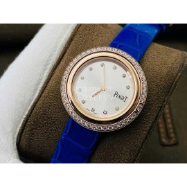 Piaget An Factory Diamond Case Leather Strap Watch Blue