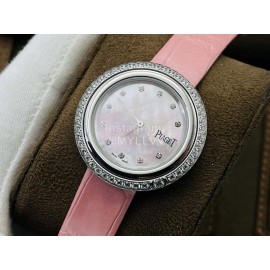 Piaget An Factory Diamond Case Leather Strap Watch Pink