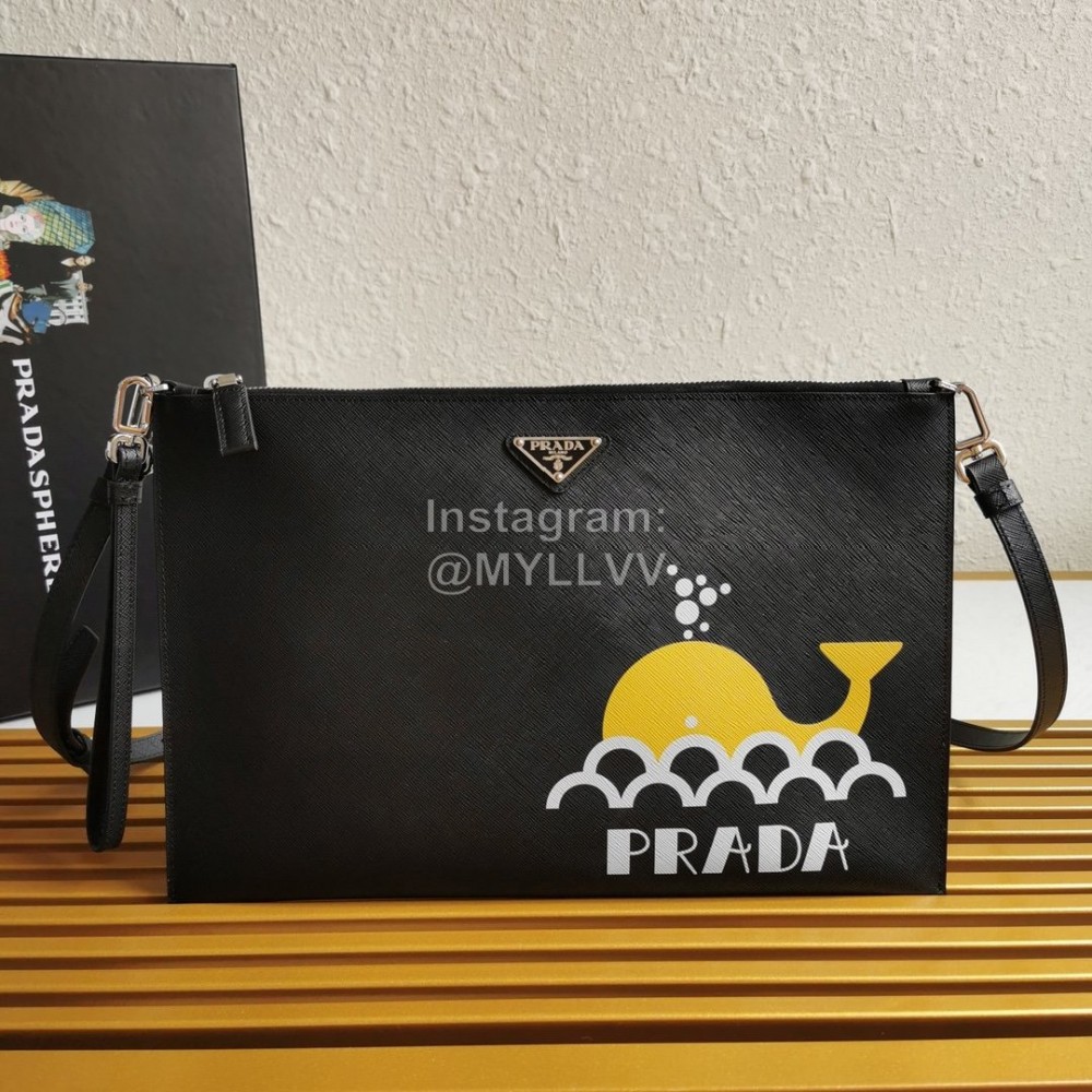 Prada New Cross Leather Whale Pattern Handbag Black 2vh073