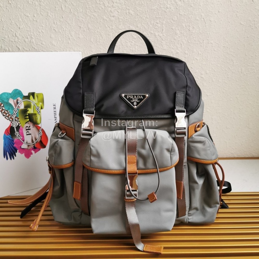 Prada New Leather Fabric Color Contrast Fashion Large Backpack For Men Gray 2vz074
