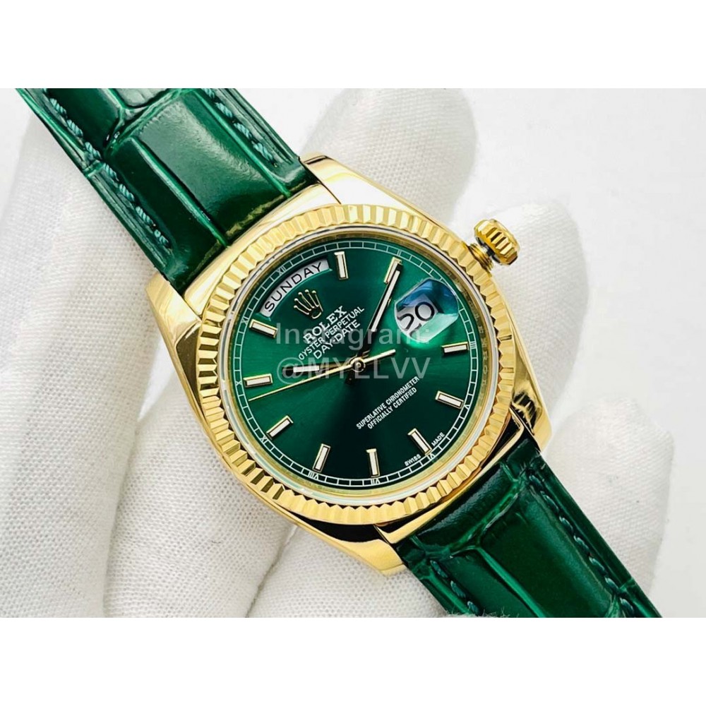 Rolex Dr Factory Day-Date 36mm Dial Leather Strap Watch Green