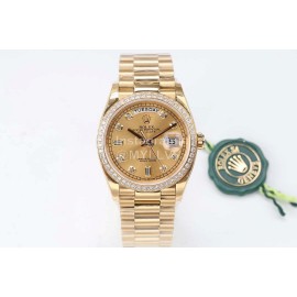 Rolex 36mm Gold Dial Steel Strap Diamond Watch
