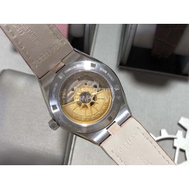 Vacheron Constantin Overseas Diamond Leather Strap Watch For Women Silver