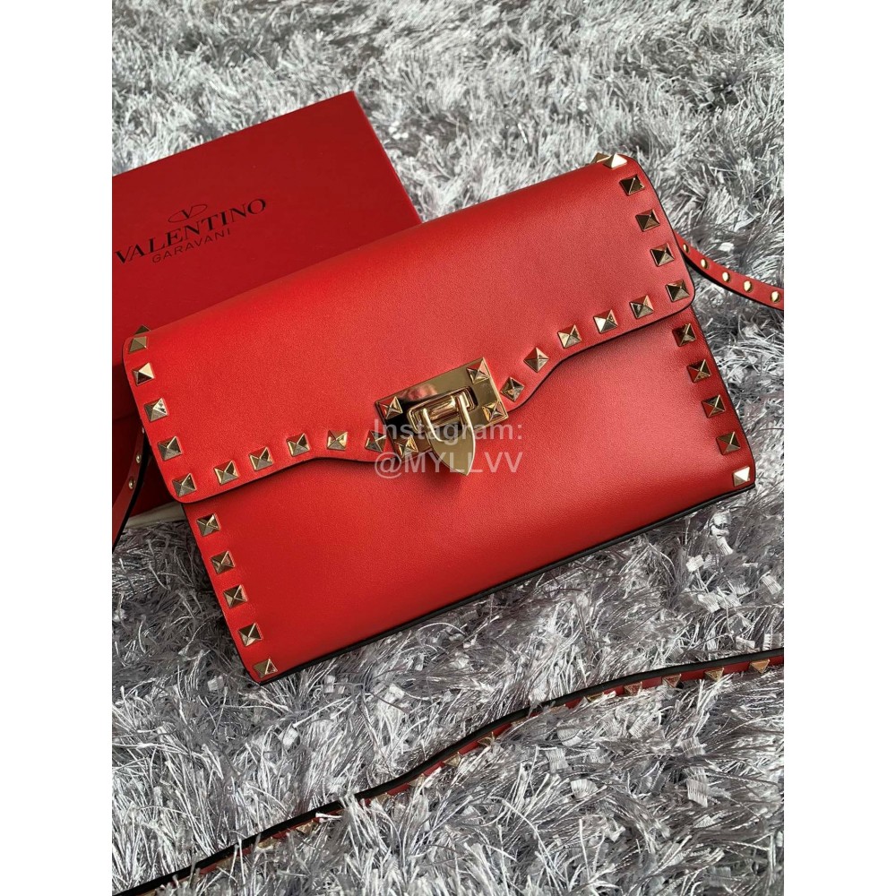 Valentino Fashion Plain Leather Flip Messenger Bag Red 0181b