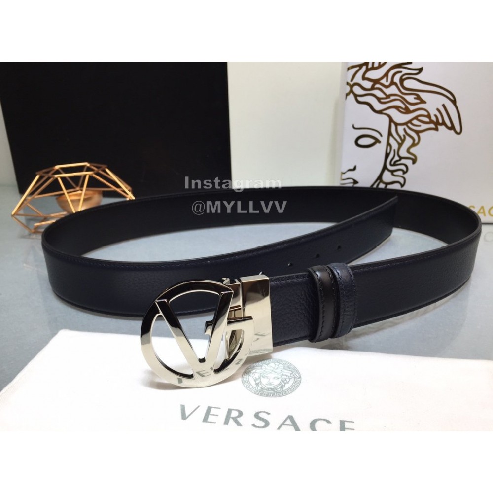 Versace New Calf Leather Silver V-Shaped Buckle 40mm Belt