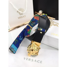 Versace Fashion Printed Calf Leather Gold Medusa Buckle 40mm Belt Blue