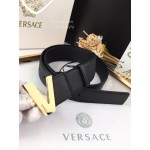 Versace New Black Calf Leather Gold V Buckle 40mm Belt 