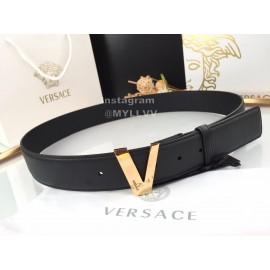 Versace New Black Calf Leather Gold V Buckle 40mm Belt 