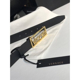 Versace Black Calf Leather Gold Letter Hollow Steel Buckle 35mm Belt