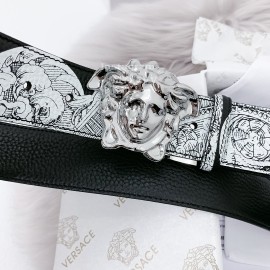 Versace New Printed Calf Leather Silver Medusa Buckle 40mm Belt