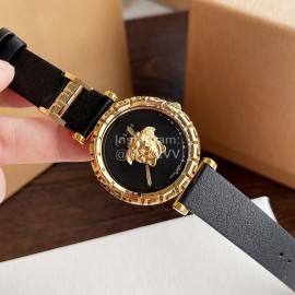 Versace Sapphire Crystal Medusa Heads Leather Strap Watch Black