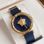Versace Sapphire Crystal Medusa Heads Leather Strap Watch Navy
