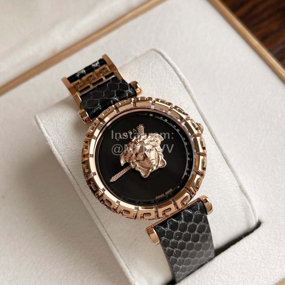 Versace Sapphire Crystal Medusa Heads Leather Strap Watch