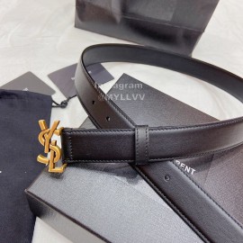 Ysl Plain Calf Vintage Gold Buckle 30mm Belt For Women Black