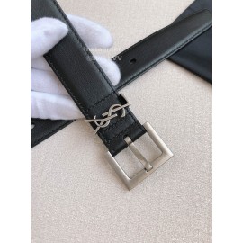 Ysl Black Calf Leather Silver Bronze Buckle Belt