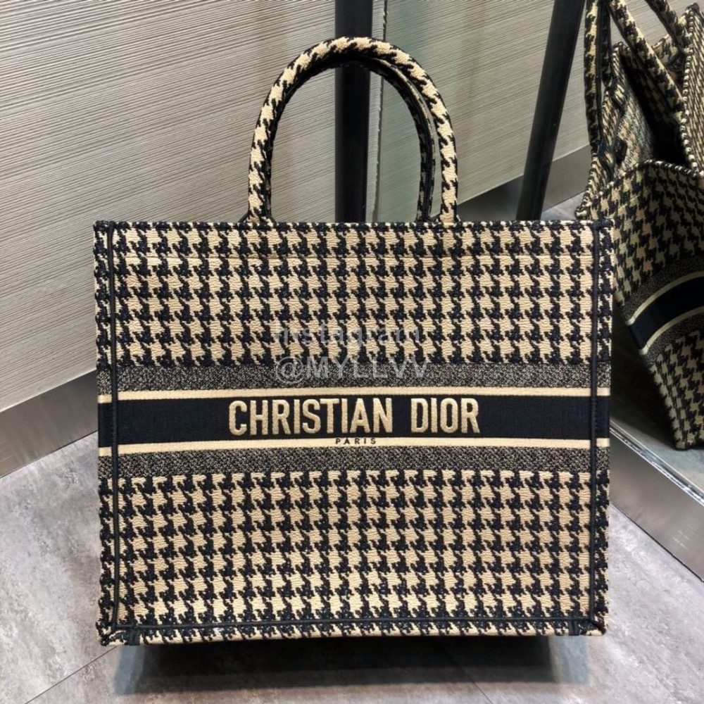 DIOR BOOK TOTE Black and Beige Houndstooth Embroidery Canvas Bag Large M1286ZRFP_M976