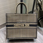 DIOR BOOK TOTE Black and Beige Houndstooth Embroidery Canvas Bag Large M1286ZRFP_M976