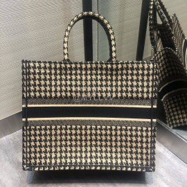 DIOR BOOK TOTE Black and Beige Houndstooth Embroidery Canvas Bag Large M1286ZRFP_M976
