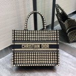 DIOR BOOK TOTE Black and Beige Houndstooth Embroidery Canvas Small Bag