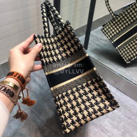 DIOR BOOK TOTE Black and Beige Houndstooth Embroidery Canvas Small Bag