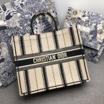 DIOR BOOK TOTE Apricot Black Stripe Embroidery Canvas Bag Large